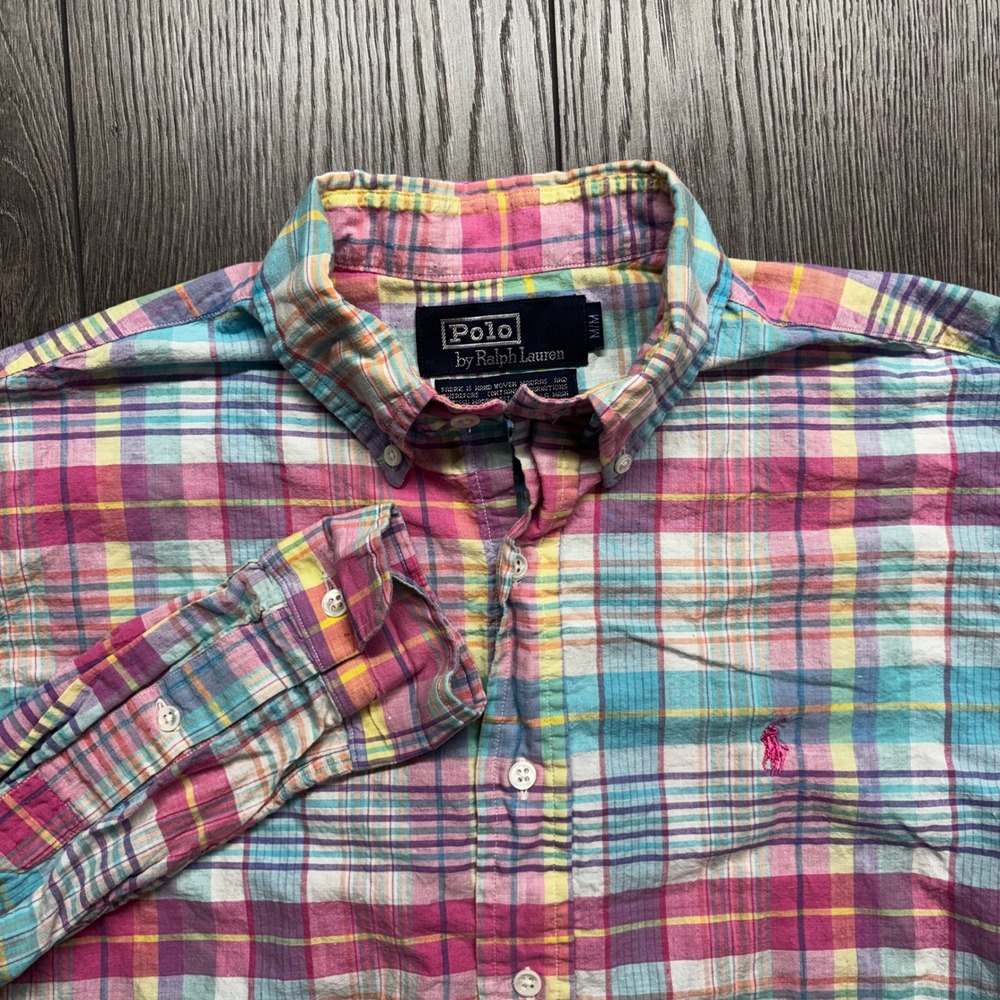 Polo Ralph Lauren Medium Madras Plaid Button Down Shirt Pink Teal Vintage